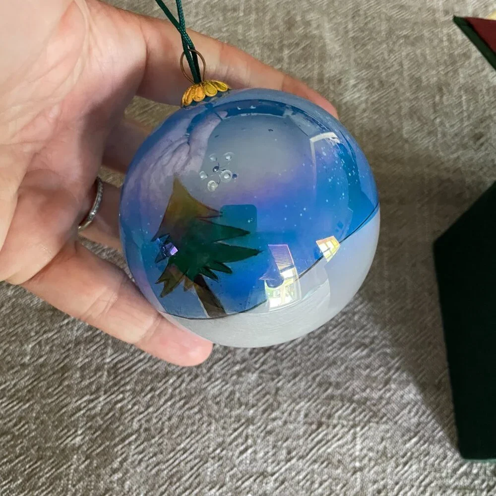 Vintage Hand Painted Snowman with Tree Round Glass Ornament Holiday!